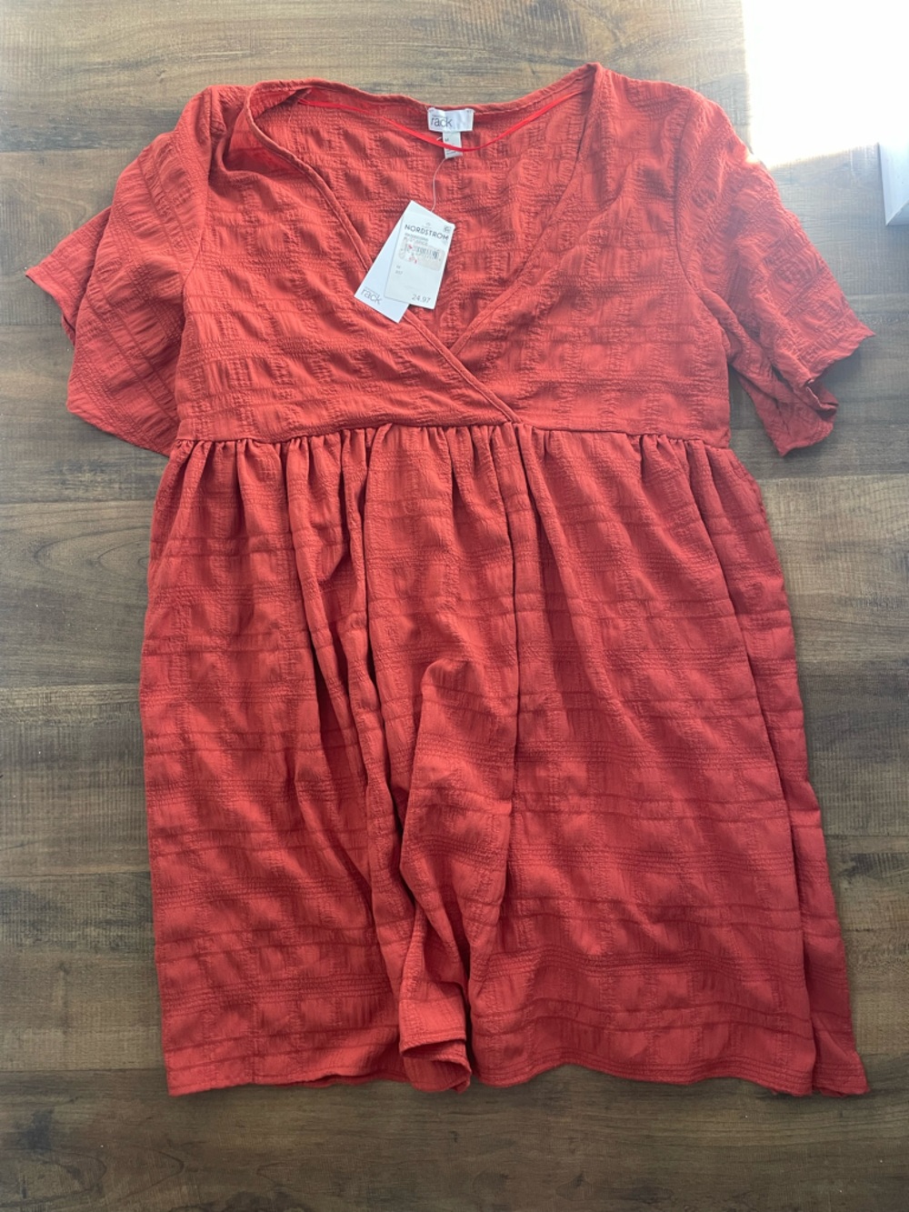 Nordstrom Rack‎ Rust Textured Puff Sleeve Midi Dress Medium NWT Boho Terracotta